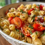Salada de macarrão com limão e manjericão em uma tigela, com tomates cereja e queijo parmesão.