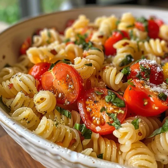 Salada de macarrão com limão e manjericão em uma tigela, com tomates cereja e queijo parmesão.