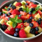Salada de frutas colorida com melão, morangos e berries.