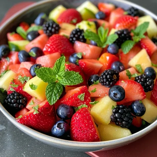 Salada de frutas colorida com melão, morangos e berries.