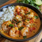 Close-up of a vibrant coconut curry shrimp dish with garnished cilantro.
