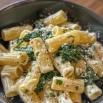 Close-up of a creamy spinach pasta dish topped with grated parmesan.