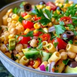 Close-up of a vibrant chickpea pasta salad with colorful vegetables.