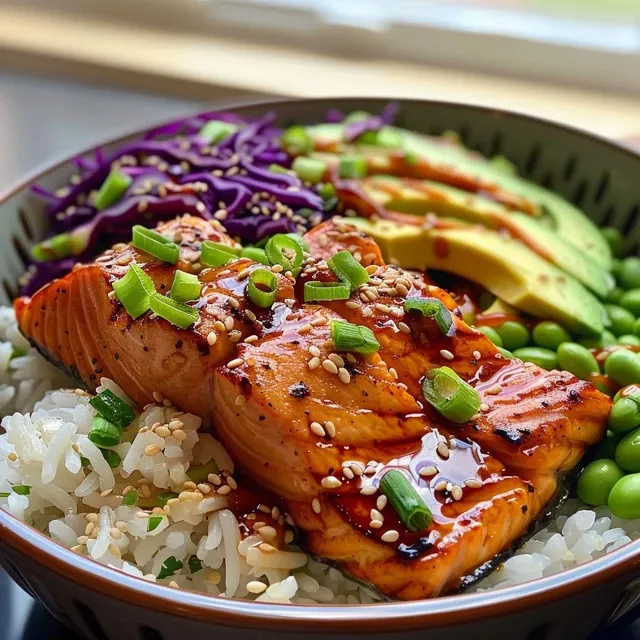 Bowl de salmão grelhado com arroz, edamame, abacate e repolho roxo.