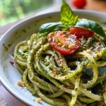 Close-up de noodles de abobrinha com pesto, cobertos com tomate-cereja.