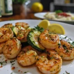 Close-up of a skillet with garlic butter shrimp and zucchini, glistening in rich sauce.