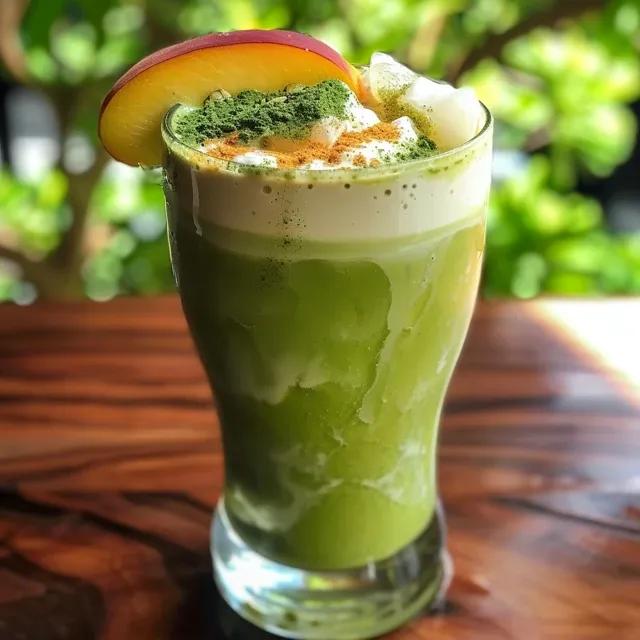 Descubra a Del cia do Latte de P ssego com Matcha: Uma Experi ncia Refrescante na Sua Cozinha! Close-up side view of a Peach Matcha Latte in a glass, with peach purée layered at the bottom and matcha on top.