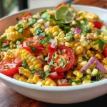 Salada de milho, manjericão e tomate, vista lateral com grãos de milho suculentos e ervas frescas.