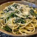 Close-up view of lemon spinach pasta sprinkled with Parmesan cheese.