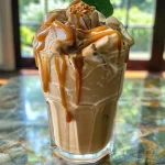 Close-up of iced coffee with almond milk and caramel drizzle.