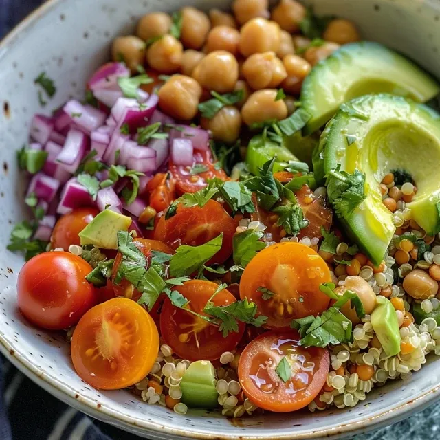 Bowl Refrescante de Ver o: Gr o-de-Bico, Abacate e Quinoa para Alegrar Seu Dia Close-up view of a colorful summer bowl featuring chickpeas, avocado, and quinoa.