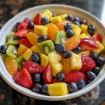 Salada de frutas clássica colorida em um prato, com frutas frescas visíveis.