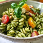 Close-up of creamy pesto pasta salad with colorful vegetables and herbs.