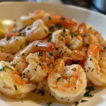 Close-up of juicy garlic butter shrimp on a plate.