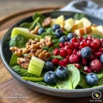 Close-up de uma salada fresca de espinafre e maçã com frutas e nozes.