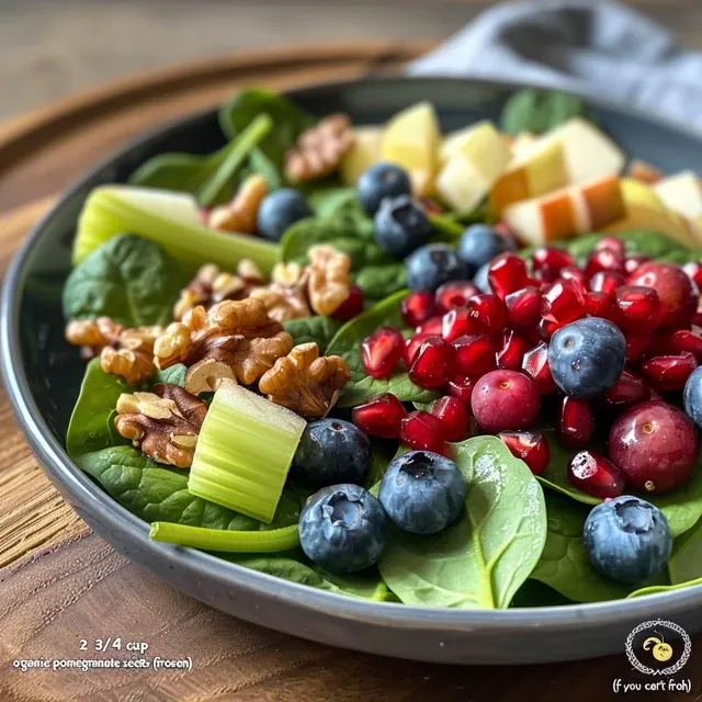 Salada de Ma e Espinafre: Uma Explos o de Sabores e Cores! Close-up de uma salada fresca de espinafre e maçã com frutas e nozes.