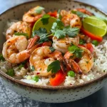 Uma tigela de arroz de coco com camarões suculentos e legumes coloridos.