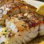 Filés de bacalhau grelhado com limão e ervas dispostos em um prato.