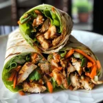 Wrap de frango tailandês em uma folha de alface, com ingredientes coloridos visíveis.