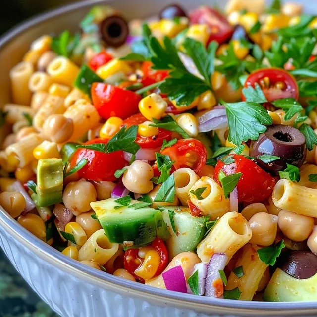 Salada de Macarr o com Gr o-de-Bico: Um Banquete Colorido e Pr tico para Voc Close-up do salada de macarrão com grão de bico, destacando ingredientes frescos.