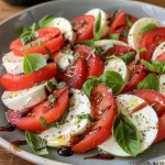 Salada Caprese com tomates vermelhos, fatias de mussarela e folhas de manjericão em close.