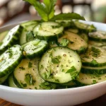 Close-up de uma salada de iogurte com pepino, mostrando ingredientes frescos.