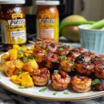 Espetinhos de camarão e manga grelhados, com molho e vegetais, em destaque.
