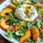 Uma salada de pêssego grelhado com burrata, arugula e pistaches, apresentada de lado.