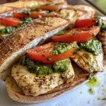 Sanduíche de frango com pesto em close, mostrando camadas de ingredientes frescos.