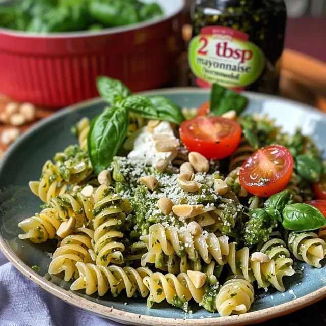 Salada de Macarr o Pesto R pida: Um Festival de Sabores em Minutos! Close-up of a colorful pesto pasta salad with cherry tomatoes and cheese.