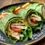 Wrap de espinafre com fatias de peru, abacate e tomate.