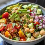 Tigela colorida com grão de bico, abacate e quinoa vista de lado.