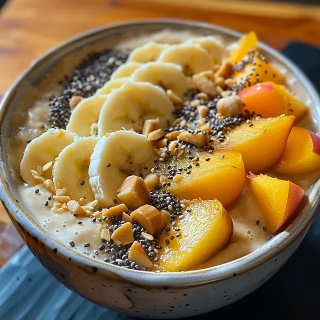 Descubra o Sabor e a Alegria do Smoothie Bowl de P ssego Uma tigela de smoothie de pêssego com fatias de pêssego fresco e granola por cima.