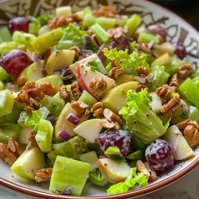 Refresque-se com a Salada Waldorf de Ma e Nozes: Uma Explos o de Sabores! Salada Waldorf de Maçã e Nozes em um prato, mostrando ingredientes frescos.