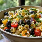 Close-up of a vibrant olive pasta salad with cherry tomatoes and cucumbers.