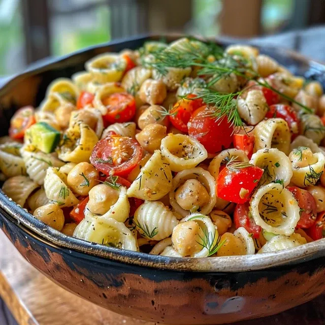 Descubra a Salada de Pasta Cremosa que Vai Encantar Seu Paladar! Close-up of a creamy chickpea pasta salad with cucumbers and tomatoes.
