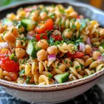 Close-up de uma salada de macarrão com grão de bico, apresentando cores vibrantes de vegetais frescos.