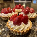 Mini tortinhas de morango com creme, vista lateral, com detalhes de morangos frescos.