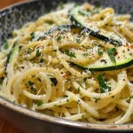 Close-up of a plate of pasta with zucchini, garnished with parmesan cheese.