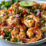 Tigela mediterrânea com camarões, abacate e salsa de manga, vista lateral.