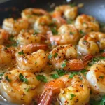 Close up of succulent garlic butter shrimp garnished with parsley and lemon.