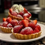 Close-up of juicy strawberry tartlets with fresh strawberries on top.