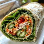 Wrap de peru recheado com hummus e vegetais frescos, visto de lado.