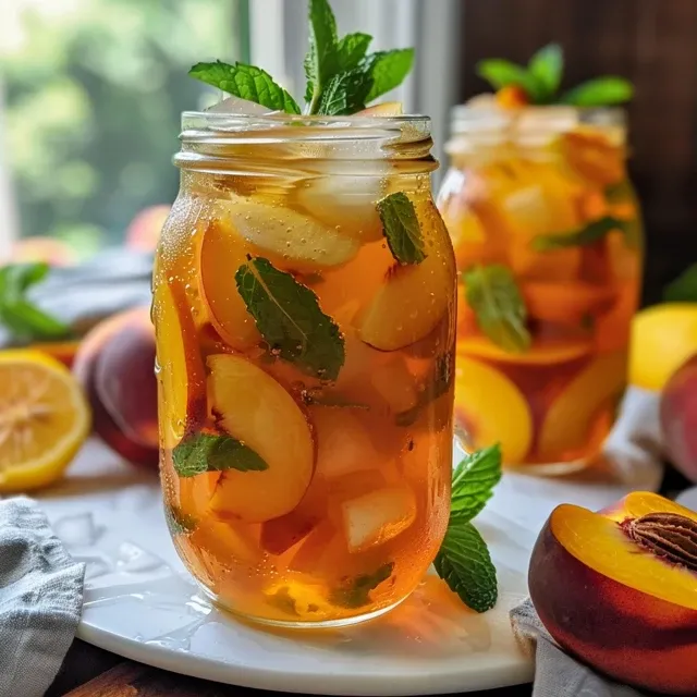 Ch de P ssego Refrescante: Uma Explos o de Sabor e Frescor! Close-up of refreshing peach tea with peach slices and mint leaves.