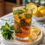 Close-up of a glass of iced black tea with lemon and mint, featuring fresh mint leaves and lemon slices.