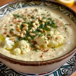 Sopa cremosa de couve-flor com uma textura suave e ingredientes frescos ao fundo.