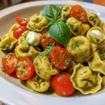Close-up image of homemade tortellini with pesto and cherry tomatoes.