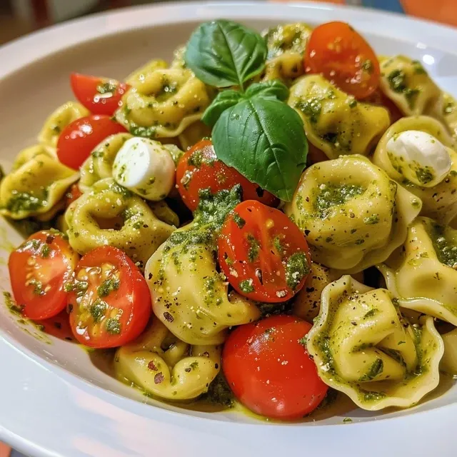 Descubra a Del cia do Tortellini Caseiro com Pesto e Sorria na Cozinha! Close-up image of homemade tortellini with pesto and cherry tomatoes.