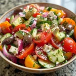 Salada grega tradicional com tomates, pepinos, cebola roxa e azeitonas.