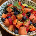 Salada de melancia fresca com morangos, mirtilos e ameixas.